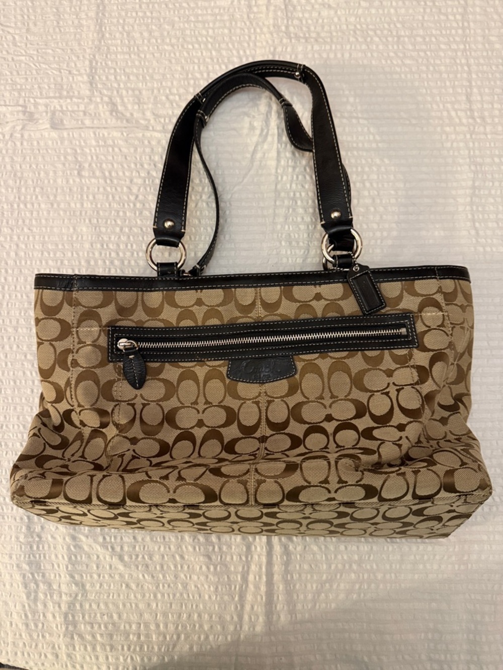 Coach Khaki and Chestnut Signature Canvas Tote with Black Trim